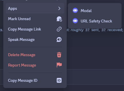 Screenshot showing a Discord client, showcasing how context commands show to users.